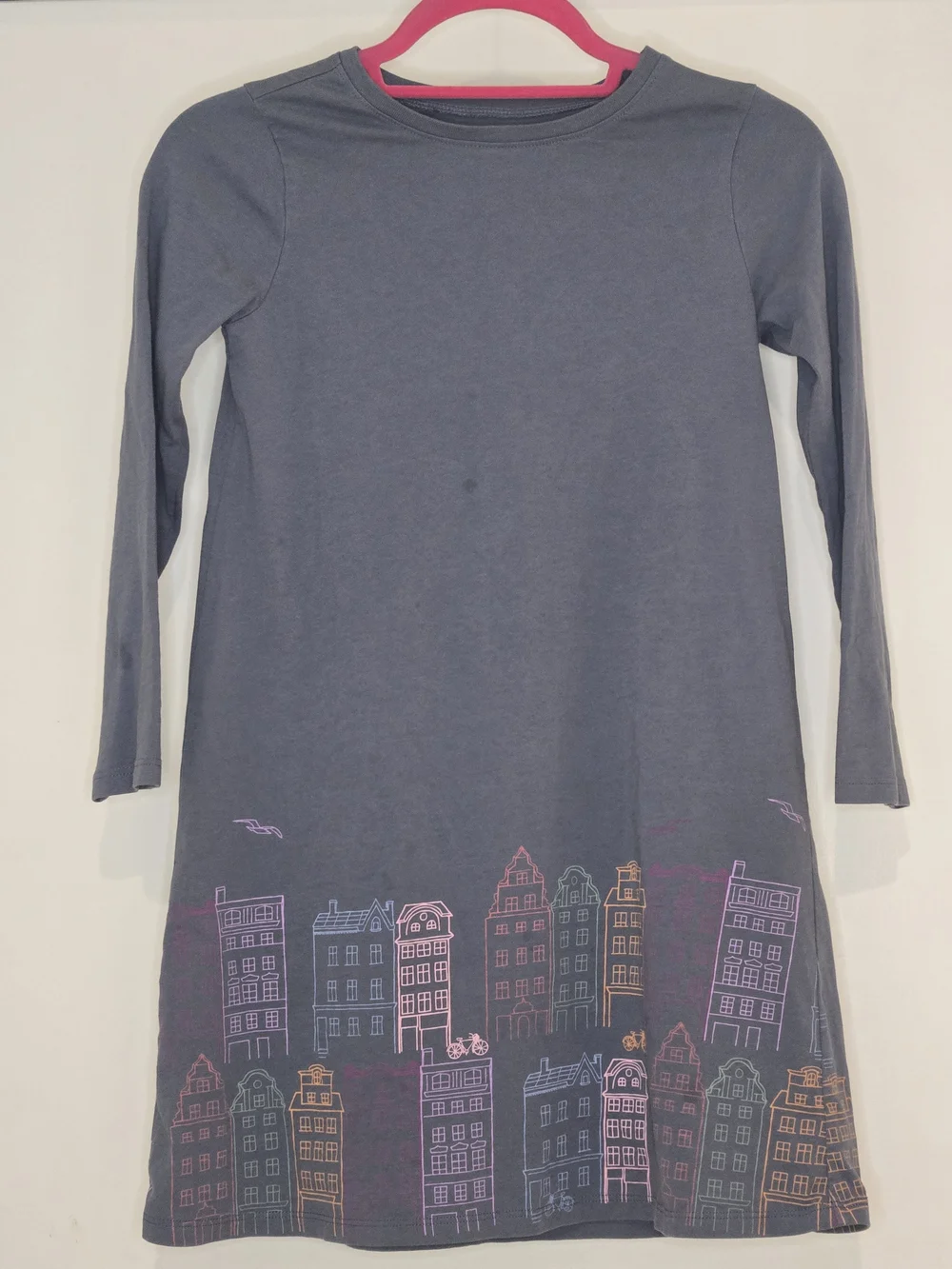 Tea Collection Girls' Long Sleeve Gray Dress with Colorful City Print, Size 10